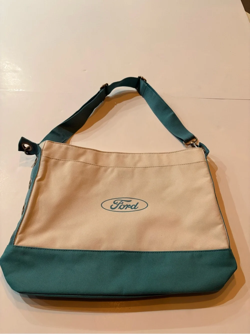 Ford Branded Two-Tone Canvas Shoulder Bag in Teal and Cream